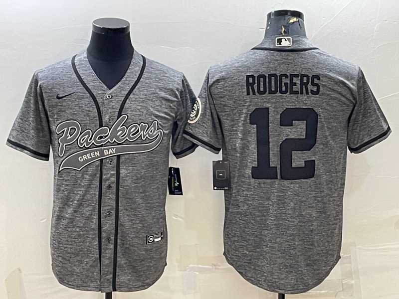 Mens Green Bay Packers #12 Aaron Rodgers Grey Gridiron With Patch Cool Base Stitched Baseball Jersey